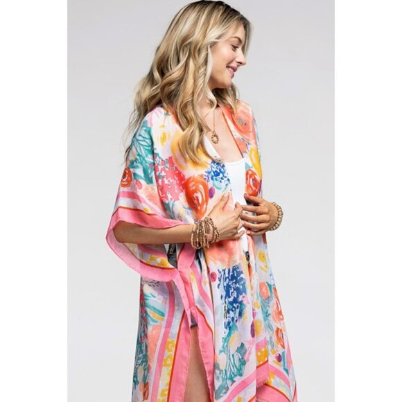 Pink Floral Print Contrast Border Spring Summer Kimono Open Wrap Coverup Top - Picture 2 of 5